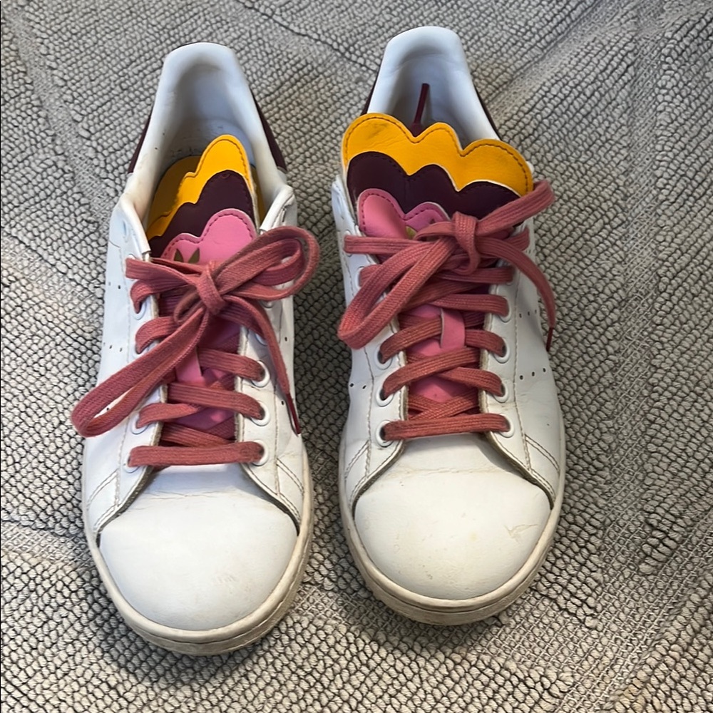 Adidas White Sneakers with Pink and Yellow Details